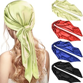 4 Pieces 35 Inch Satin Head Scarves Large Vintage Square Scarf Silk Feeling Satin Hair Wrapping Scarves for Women Girls (Fluorescent Green, Red, Black, Royal Blue)
