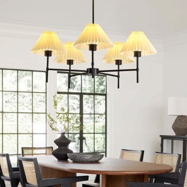 YOGIRL Black Chandelier Light Fixture, 32-inch Dining Room Chandeliers Light, White Pleated Fabric Pendant Lights for Kitchen Island Lighting Living Room Flush Mount Ceiling Lights