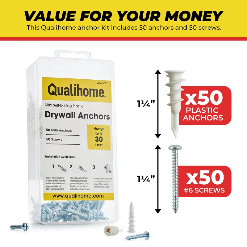 Qualihome Small Mini N.6 Plastic Self Drilling Drywall Anchors with