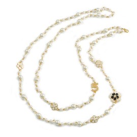 Avalaya Faux Pearl White Bead With White/Black Enamel Daisy Motif Double Chain Long Necklace in Gold Tone - 86cm L
