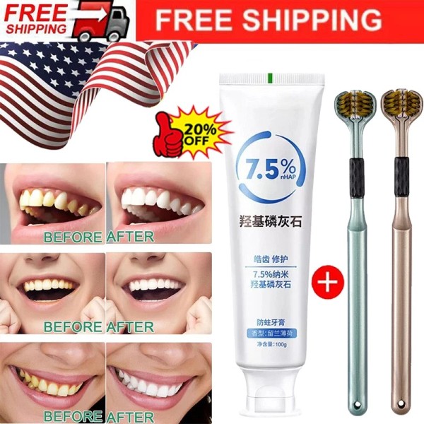 unbranded 7.5% Hydroxyapatite Toothpaste +Toothbrush Remove Yellow Tooth Stains For