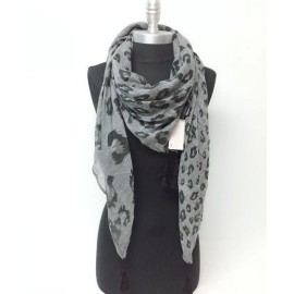 D&Y Women's Square Soft Wrap Multi Scale Leopard Print Scarf w/ Tassels Black / Gray
