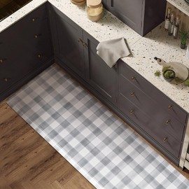 FRESHMINT Buffalo Plaid Kitchen Mat 0.47" Thick 17.3"x60" Anti-Fatigue Checkered Cushioned Kitchen Mats for Floor Waterproof Non Slip Comfort Standing Mat Long Rug for Decor Sink Office, Light Gray
