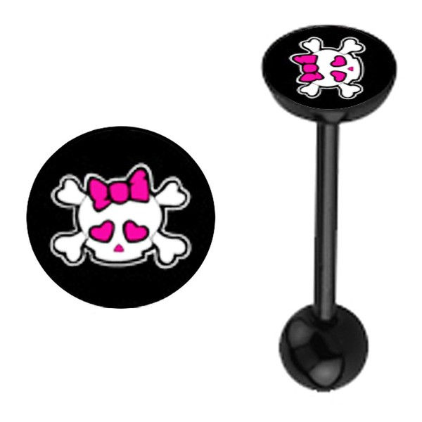 Girly Pink Bow Heart Eyes Skull Logo Flat top Black Bioflex Plastic Flexible Barbell Tongue Ring Piercing Jewelry bar - 14g