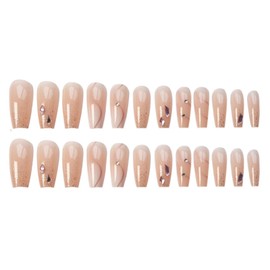 Hkanlre Gradient Long Fake Coffin Nails Tips Press on Nails Full Cover Nude Crystal False Nails for Women 24PCS