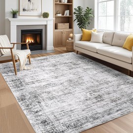5x7 Washable Area Rugs for Living Room, Soft Vintage Distressed Large Bedroom Rug Foldable Thin Indoor Floor Carpet, Retro Abstract Non-Slip Neutral Throw Rugs for Bedroom Dining Room, Grey