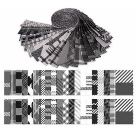 Soimoi 40Pcs Check & Tartan Print Precut Fabrics Strips Roll Up 1.5x42inches Cotton Jelly Rolls for Quilting - White & Black