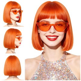 Short Bob Straight Hair Wigs with Bangs, Synthetic Fiber Colorful Hair, Cat Eye Glasses for Women (Orange)