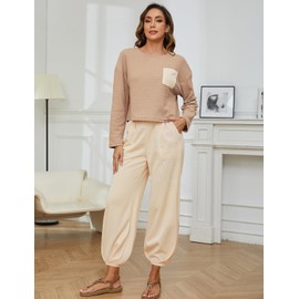 FANCYINN Women's Two Piece Outfits Tracksuit Long Sleeves Pullover Tops and High Waisted Wide Pants Sweatsuit Lounge Sets Light Khaki L