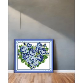 CaptainCrafts Cross Stitch Kits, Stamped Cross Stitch Prepainted Fabrics Corss Stitch DMC DIY Needlework Embroidery Kit for Adults Home Decor (Stamped, Blue Rose Flowers Heart)