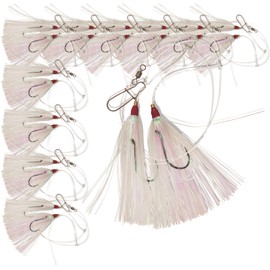 Uncle Mo’s Tackle - 10 Pack Fluke Flounder Killer Hi-Lo Rig – White Mylar Teaser for Saltwater – BKK Black Size 3/0 Octopus Hook - 30lb Heavy Duty Mono 2ft Long - Black Duo-Lock Snaps