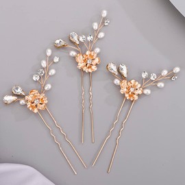 BERYUAN Bridal Gold Flower Hair Pins Set Pearls Crystal Rhinestone Teardrop Hair Pins for Girls Gold Bridal headband for Bride Women GOLD（3 pcs）
