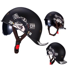 FVCNGP Adult Men Women Vintage Motorcycling Helmets DOT Approved German Style Motorcycle Half Open Face Helmet with UV Visor Goggles, Quick Release System, Removable Washable Lining