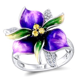 Uloveido Women's Flower Cocktail Rings Silver Color Statement Anniversary Party Jewelry for Women Girls Purple Flower Rings with CZ Crystals Size T RA601