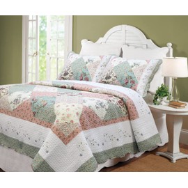 Cozy Line Home Fashions Floral Real Patchwork Green Peach Scalloped Edge Country 100% Cotton Quilt Bedding Set, Reversible Coverlet Bedspread (Celia, Twin - 2 Piece)