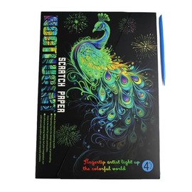 Pracht Creatives Hobby - Scratching picture peacock with scratch pen, pack of 4, glow in the dark, size approx. 28.5 x 21 cm, scratch pictures for children and adults