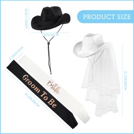 SATINIOR 2 Pieces Bride Cowgirl Hat with Veil, Groom and Cowboy Hats, Bachelorette Party Supplies Bride and Groom to Be Sash for Women Men Wedding Bridal Shower Decoration