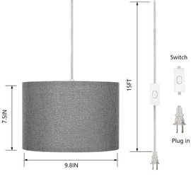 ZSLAIFU 15FT Plug in Pendant Light, Hanging Lamp with Switch,Gray Hanging Lights with Plug in Cord, Pendant Lamp with Remote Control，Pendant Light Fixture for Living Room Bedroom Farmhouse