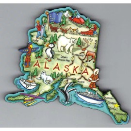 ALASKA   ARTWOOD  STATE  MAP MAGNET   DENALI   FAIRBANKS  JUNEAU  SKAGWAY