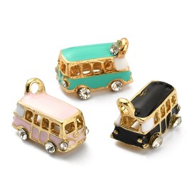 LiQunSweet 15 Pcs 3 Colors Enamel Crystal Rhinestone Hollow 3D School Shuttle Bus Charms for Jewelry DIY Making Craft