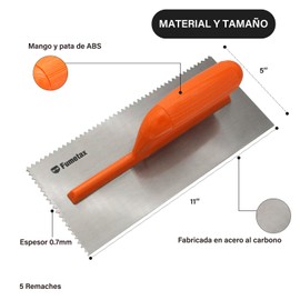 FUMETAX Llana dentada cuadrada de acero al alto carbón con mango plástico 11" x 5"