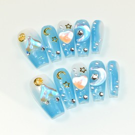 Nails Handmade Press-On Medium Long Coffin Mermaid Ocean Ice Moon Fish Tail Blue Nail Art Gradient Sparkling Star River Cute False Nail Tips 10 Pcs, Size M