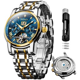 OLEVS Watches for Men Automatic Mechanical Luxury Silver and Gold Men's Wrist Watches Stainless Steel Waterproof Luminous Date Week Blue Dial