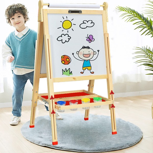 EAQ Easel for Kid,Height Adjustable Wooden Art Easel,Whiteboard Chalkboard with Paper Roll Holder,Letters and Numbers Magnets and Other Accessories Best Birthday Gift for Kids