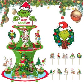 Cupcake Stand and 12pcs Cupcake Toppers Christmas Cupcake Holder Christmas Cupcake Decorations Whoville Christmas Decorations Christmas Party Supplies
