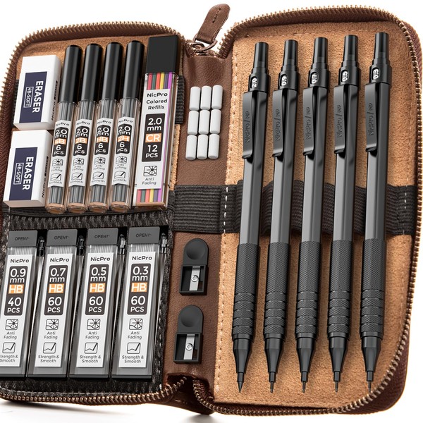 Nicpro 20PCS Black Metal Mechanical Pencil Set in Leather Case,