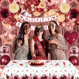 Burgundy Rose Gold Birthday Decorations with Happy Birthday Banner, Balloons, Sash, Crown, Butterfly, Hanging Swirls, Flower Tablecloth, Fringe Curtain, Pompoms for Women Girls Party Backdrop Supplies