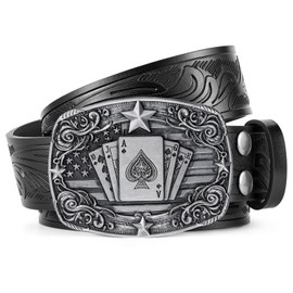 SANSTHS Western Cowboy Belts for Men Women, Mens Western Belt Bull Buckle Country Belt Cowboy Leather Belts for Jeans, Silvery Poker Card/Black Belt