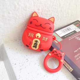Yatchen for Airpods 3 Case,Cute 3D Cartoon Lucky Cat Airpods 3 3rd Generation Cover Kawaii Soft Silicone Protective Cover with Keychain Shockproof Charging Case for AirPods 3 for Girls Red