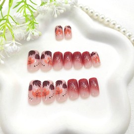 Autumn Press on Nails Medium Square Fake Nails Red French Tip Acrylic Nails with Maple Leaves Dot Deisgns Silver Glitter Glue on Nails Pink Full Cover Artificial Stick on Nails for Women 24 Pcs