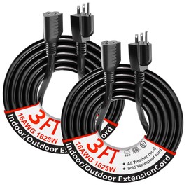PlugSaf 2 Pack of 3Ft Black Outdoor Extension Cord 16/3 Gauge Waterproof, Cold Weatherproof -58°F, Flame Retardant, Flexible 3 Prong Electric Cord for Lawn Office,13A 1625W 16AWG SJTW, ETL Listed