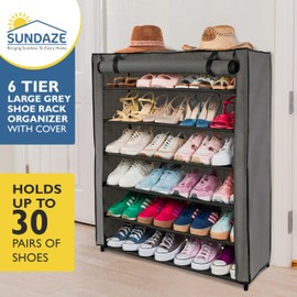 Sundaze Shoe Rack with Cover - 6 Tier Shoe Rack for Front Door Entrance, Sturdy Tall Shoe Organizer for Bedroom, Closet, Garage, Non Woven Fabric Shelf, Grey, Holds Up to 30 Pairs