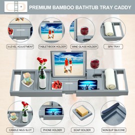 Premium Bamboo Bathtub Caddy Tray - Bath Tray - Bath Tub Tray Table for Bathtub - Bath Caddy Tray for Bathtub, Expandable Size, Fits Most Bath Tubs - Grey