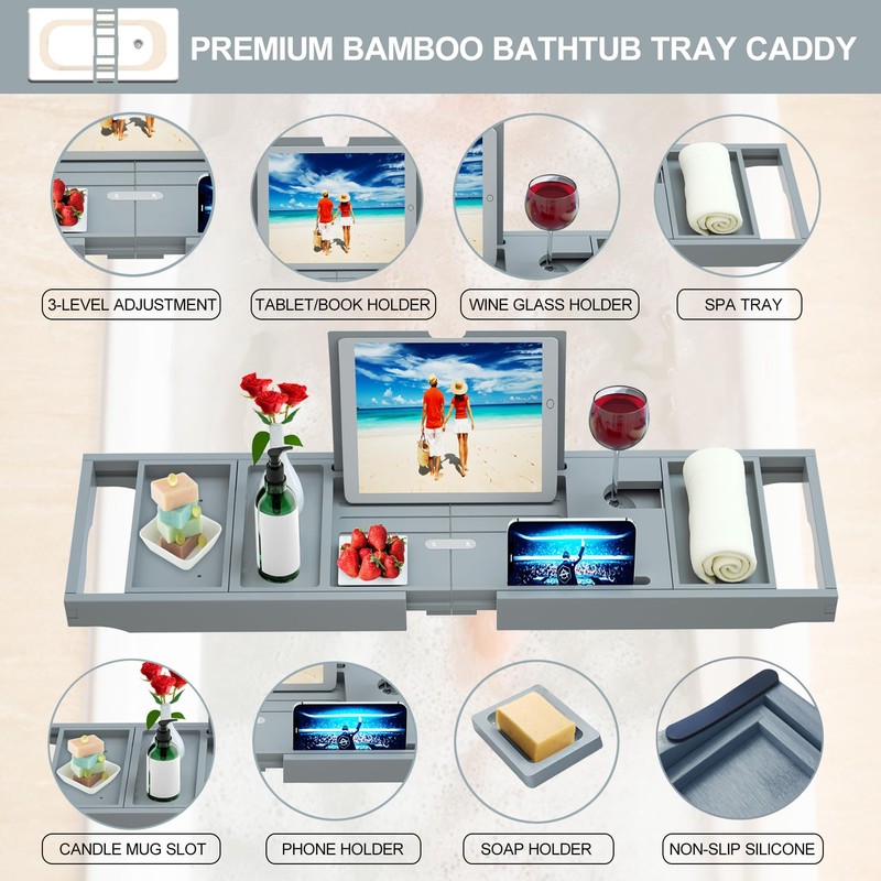 Premium Bamboo Bathtub Caddy Tray - Bath Tray - Bath