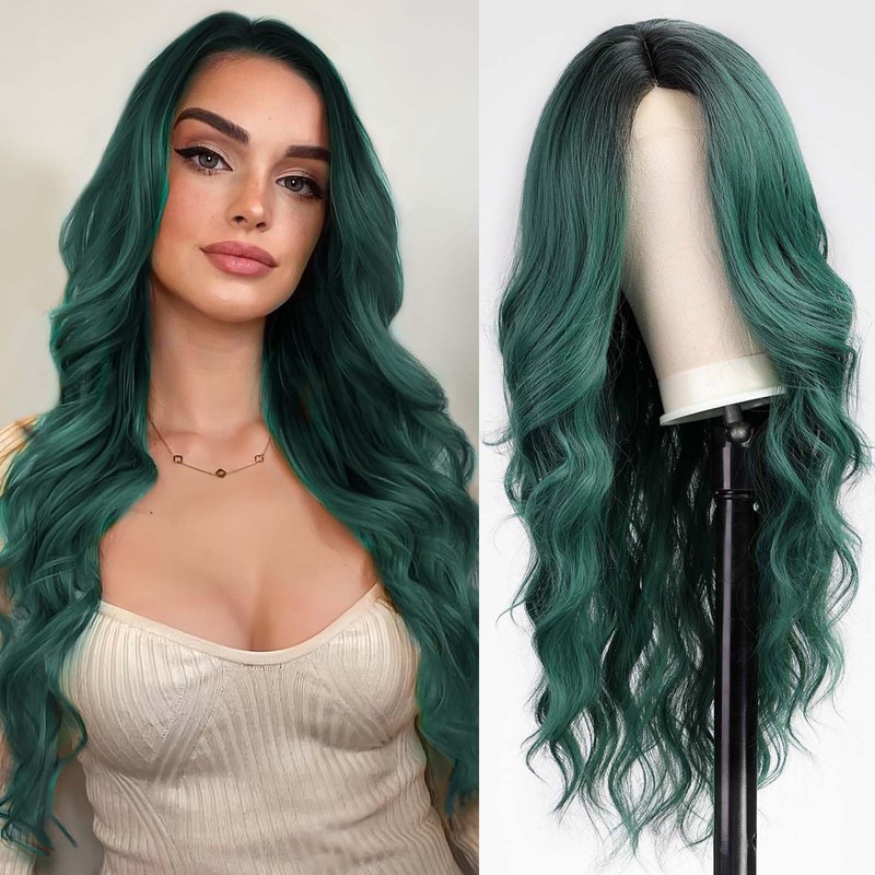 Starluck Long Ombre Green Wavy Wig for Women 26 Inch