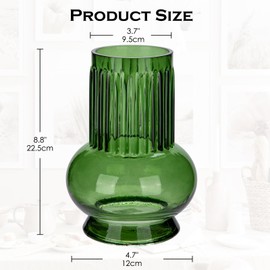 Green Ribbed Glass Vase, 7" x 3.5" Thickened Modern Flower Fluted Vase Hydroponic Ornament Arrangement for Home Living Room Wedding Centerpieces Office Table Decor