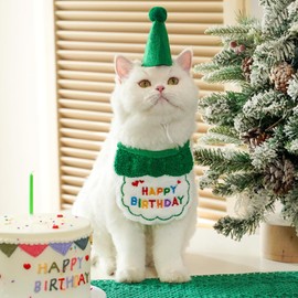 Cat Birthday Party Supplies, Cat Birthday Hat with Cat Birthday Bandana Bow Tie Collar Cat Birthday Decorations for Cat Kitten Birthday Outfits Pet Owner Birthday Gift for Cat (Green)