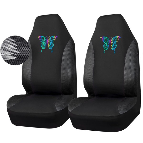 CAR PASS Universal Black 3D Air Mesh Bucket Seat Covers,Reflective Colorful Butterfly Front Seat Covers with Airbag Compatible, Fit for Cars,Truck, SUV (Pure Black)