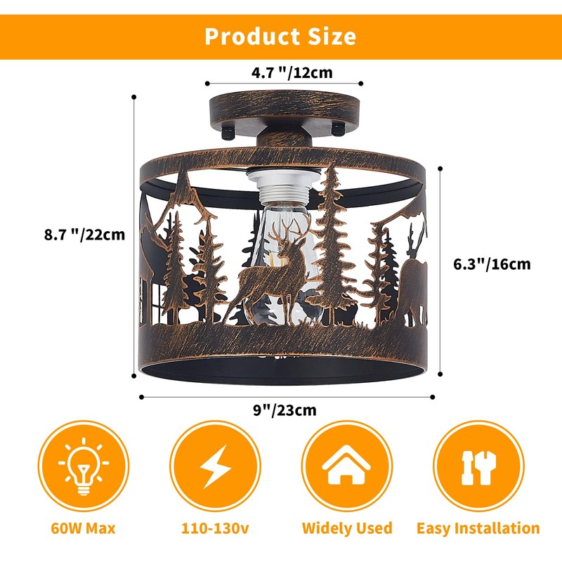 Monaxon Rustic Semi-Flush Ceiling Light, 9.1" Black Metal Fixture with