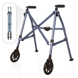 Stander Space Saver Walker Short, Lightweight Folding Rolling Mobility Aid for Juniors & Petite Adults, Compact 2-Wheel Disability Device with 6-inch Wheels & Rear Ski Glides, Cobalt Blue