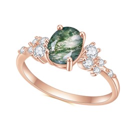 Gem's Beauty Birthday Gifts for Her 1.18CT Oval Cut Moss Agate There Stone Engagement Ring in 925 Sterling Silver Women's Gold Ring(Size8)