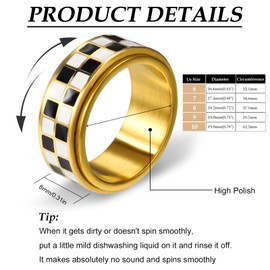 Checkered Fidget Ring, Checkered Thumb Rotating Gold Ring Black White Adults Fidget Rotating Spinner Jewelry Gifts for Relaxation for Women and Men(Size 7)