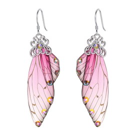 BriLove Butterfly Wing Hook Earrings Long Fairy Tale Crystal Drop Dangle for Women Jewellery Wedding Costume Jewelry Pink Silver-Tone