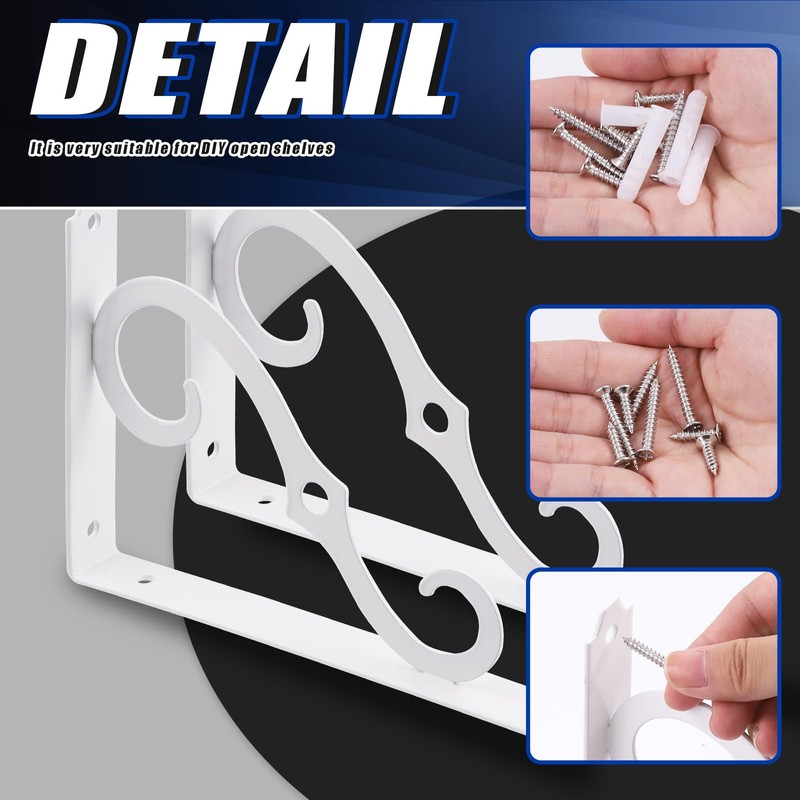 Glarks 2 Pack 8 Inch White Decorative Shelf Brackets, Iron