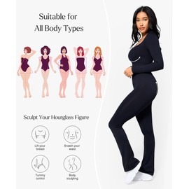 Popilush Long Sleeve Workout Fall Black Jumpsuit for Women Built in Bra Wide Leg Full Romper Square Neck Body Suits Outfits