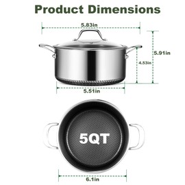 Bakoniion Hybrid Nonstick 5 QT Stockpot with Lid Two Handles, Stainless Steel Stockpot with Honeycomb Texture,Compatible with All Cooktops,Dishwasher and Oven Safe